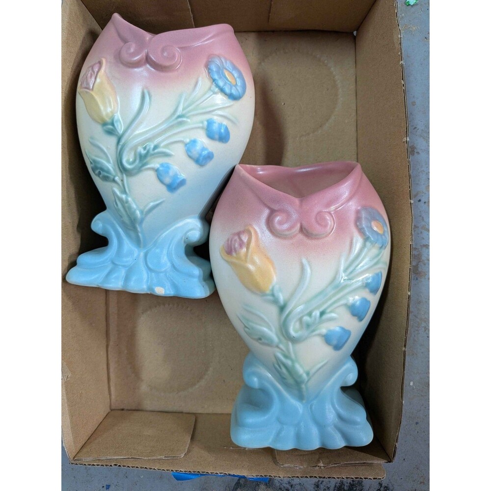 Vtg Hull Art Pottery B-3 Bow Knot Pair Vases Planters Pink Blue Floral 6.5" USA